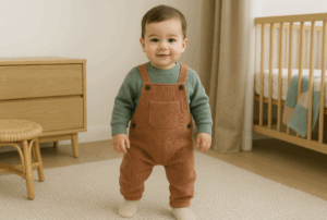 Bébé garçon en salopette marron