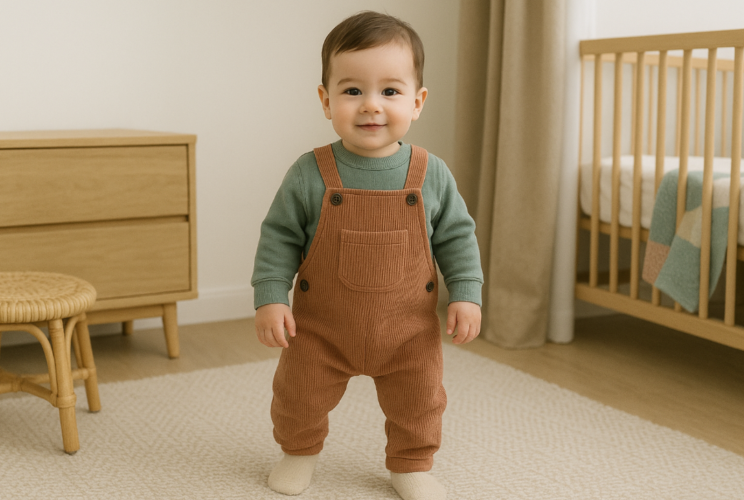 Bébé garçon en salopette marron